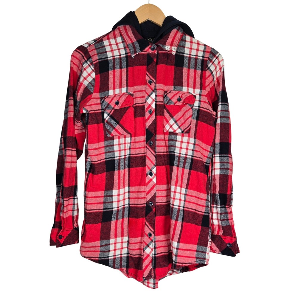Ci Sono Plaid Hooded Flannel Shirt Jacket Red Navy White TP148 Womens‎ Medium